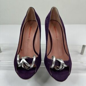 Eileen Shields Purple Suede Peep Toe Pumps Silver Ring Detail Italy EU 39.5 US 9